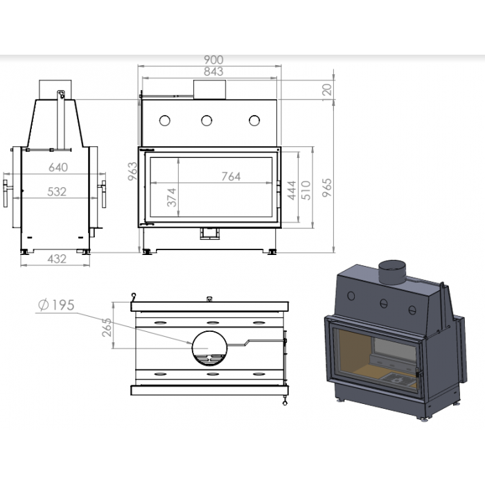 ECHA-TECH ECT Double, 90x51/C 15 кВт, 900/510 (туннель, футеровка чугун), каминная топка