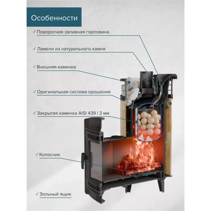 PROMETALL "АТМОСФЕРА L" Окаменевшее дерево, ламель+сетка, чугунная банная печь