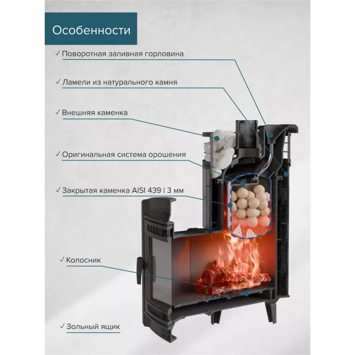 PROMETALL "АТМОСФЕРА L" Пироксенит, ламель+сетка, чугунная банная печь