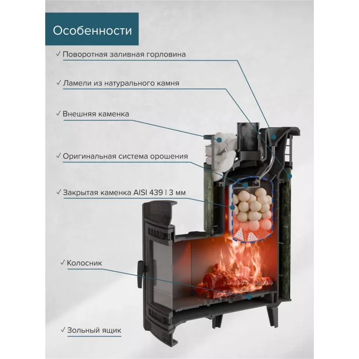 PROMETALL "АТМОСФЕРА L" Змеевик, ламель+сетка, чугунная банная печь