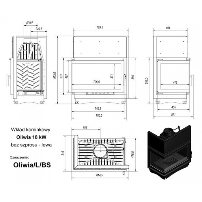 Каминная топка Kratki OLIWIA L BS, Г-образное стекло слева